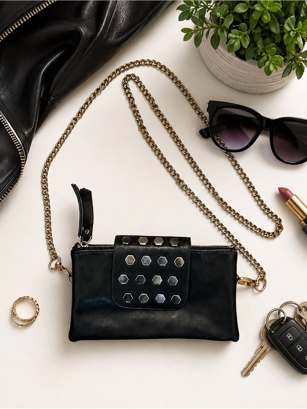 Olivia Miller Black Studded Wallet on Chain Crossbody Clutch WOC